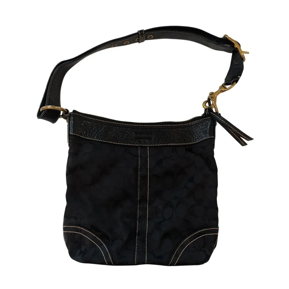 Coach Black Signature Leather And Fabric Crossbody Shoulder Handbag Purse